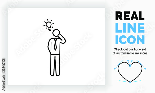 Editable line icon of a stick figure person with an idea as a light bulb