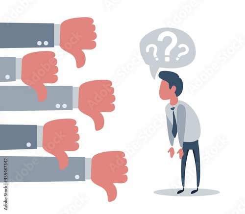 Sad business man character looks at many hands with thumbs down. Vector flat cartoon illustration