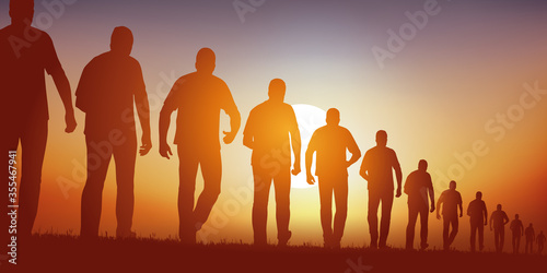 Concept de la file indienne symbole d’unité avec des hommes qui marchent à l’infini dans une même direction.