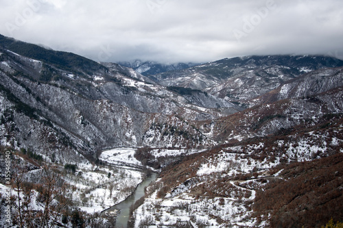 Winter landscape of river passing through mountains