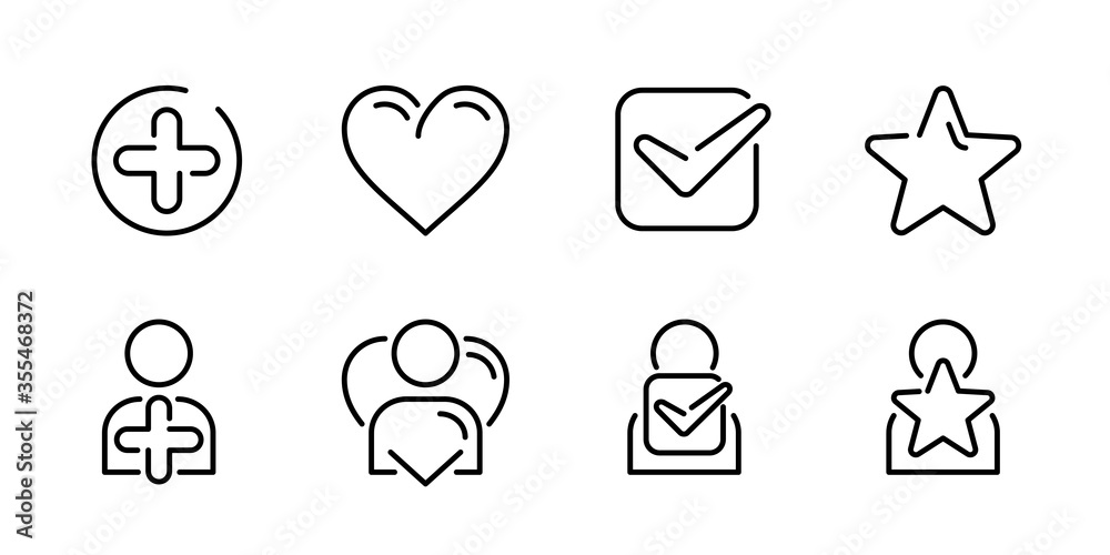 Plus (add to), heart (like, wishlist), check mark (checklist, confirmationm verification), star (favorites, rating) and same symbols with people (avatar, profile) - set of vector outline icons Plus (add to), heart (like, wishlist), check mark (checklist, confirmationm verification), star (favorites, rating) and same symbols with people (avatar, profile) - set of vector outline icons