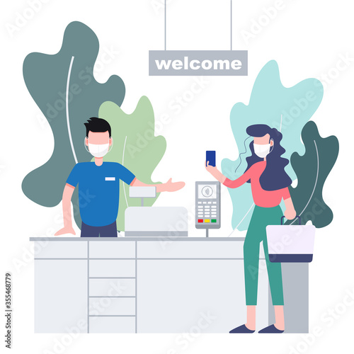 Woman wear mask shopping with cashless payment social distancing concept new normal