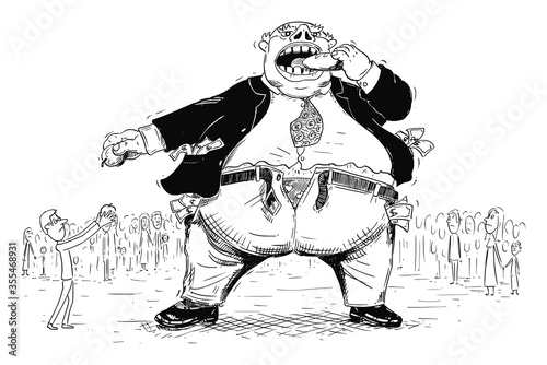 Vector cartoon drawing conceptual illustration of fat rich man, businessman or capitalist in suit and money in pockets is eating food of crowd poor small people around. Concept of corporate greed and photo