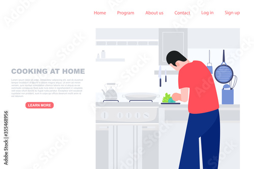 Cooking at home, home-cooking concept A man prepare food in the kitchen flat character vector
