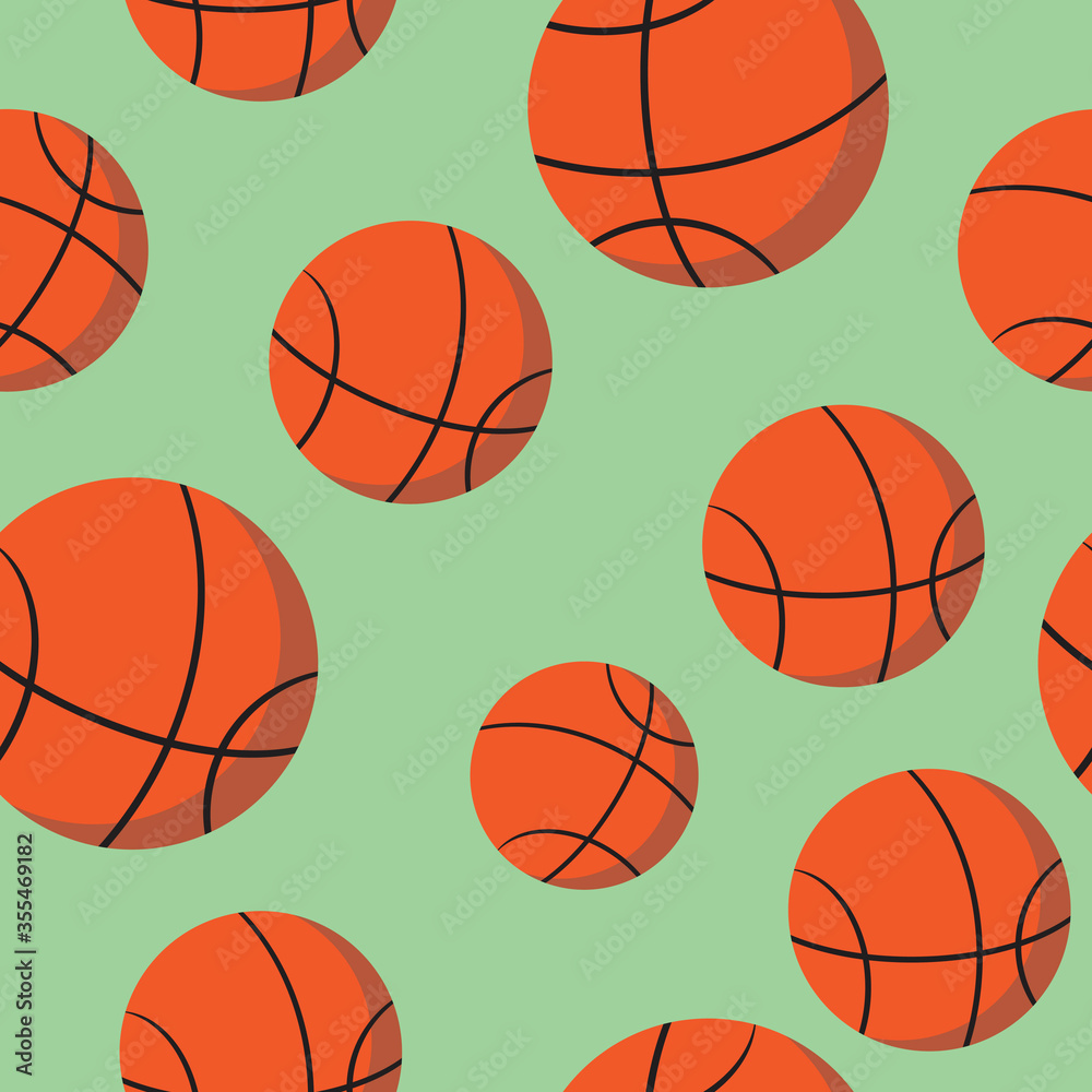 Seamless pattern with a basketball ball on a green background like, flat or cartoon stock vector stock illustration as background or backdrop for web or internet
