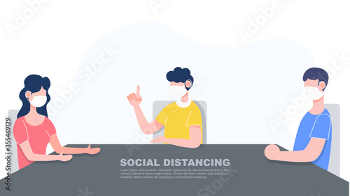 Three people in family keep distance sitting with face mask. Social distancing concept. New normal lifestyle after covid-19 pandemic flat character design vector illustration.