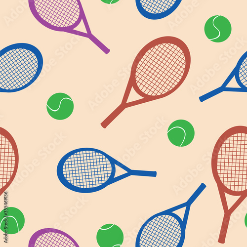 Seamless pattern with tennis racket and ball as a background, flat or cartoon veterinary stock illustration with a game of tennis for printing on fabric © Vikkymir Store
