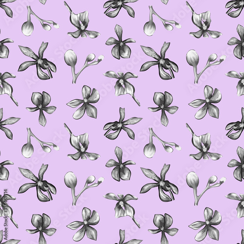 Seamless pattern of Orchid flowers on a purple background.Floral pattern on purple background.Botanical illustration © Tatyana Olina