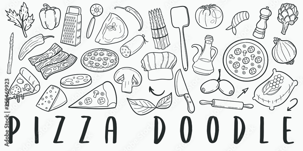 Pizza Chef Doodle Line Art Illustration. Hand Drawn Vector Clip Art. Banner Set Logos.