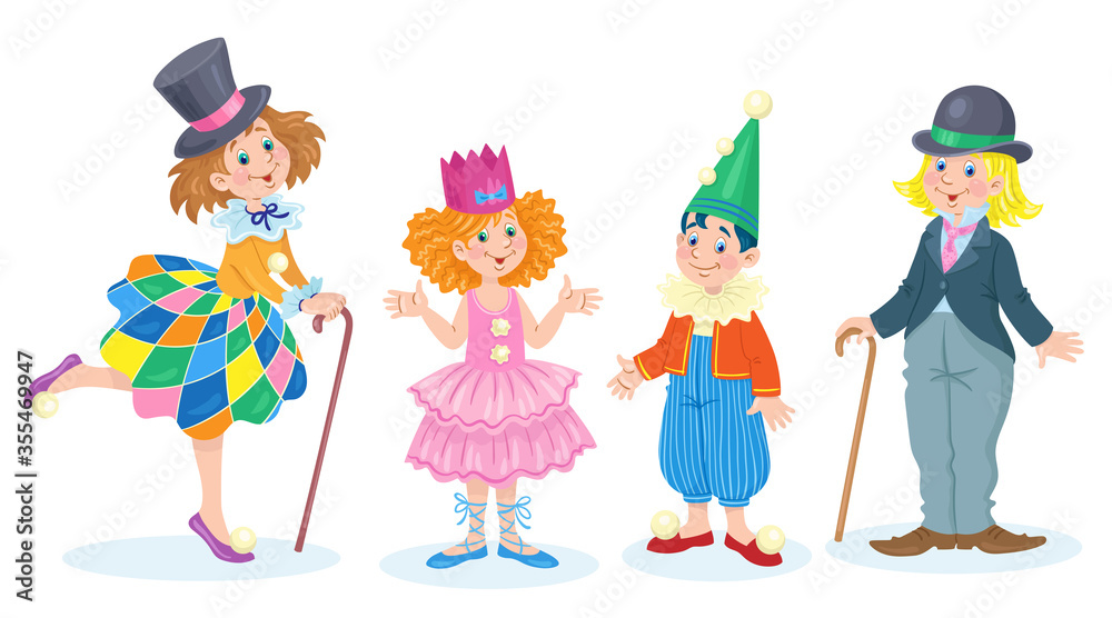 Children in carnival costumes. In cartoon style. Isolated on white background. Vector flat illustration. Children in carnival costumes. In cartoon style. Isolated on white background. Vector flat illustration.