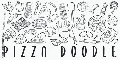 Pizza Chef Doodle Line Art Illustration. Hand Drawn Vector Clip Art. Banner Set Logos.