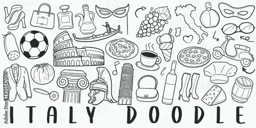 Italy Travel Doodle Line Art Illustration. Hand Drawn Vector Clip Art. Banner Set Logos.