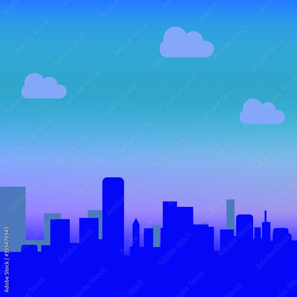 Flat cityscape with Night sky, purple clouds over the city. Modern city skyline panoramic vector background. town  in different time Silhouettes of buildings Urban city tower skyline illustration.