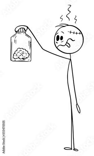 Vector cartoon stick figure drawing conceptual illustration of crazy stupid man holding and watching his own human brain in glass jar.