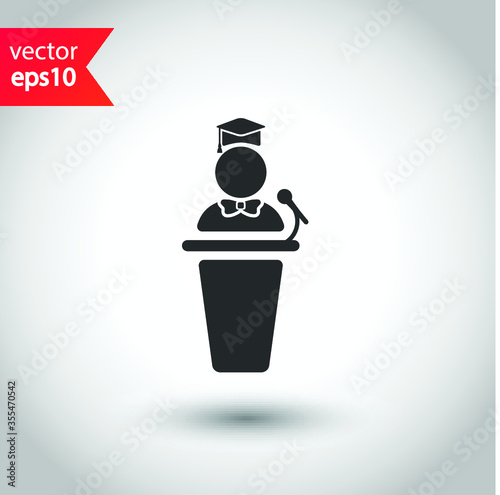 Graduation speech vector icon. Graduation with confetti sign. Graduate podium speech icon. Diploma graduate sign. EPS 10 flat symbol.