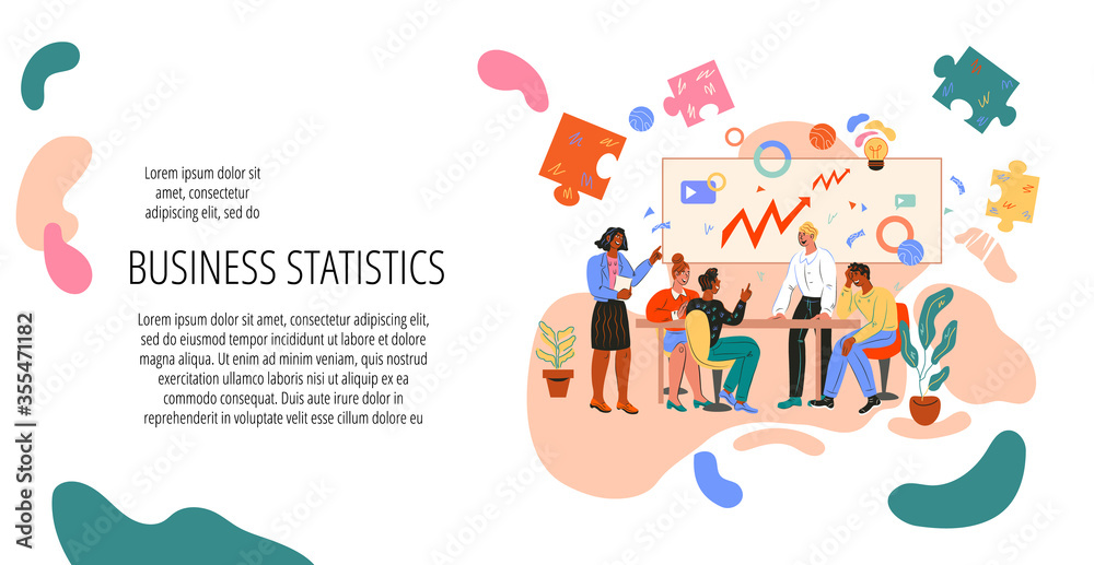 Business statistics and market analytics website banner template with business analytic specialists group, flat cartoon vector illustration. Marketing research and company development. Business statistics and market analytics website banner template with business analytic specialists group, flat cartoon vector illustration. Marketing research and company development.