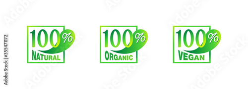 100 natural, 100 organic, 100 vegan - tag for healthy food, vegetarian nutrition in rectangle  shape - vector sticker set