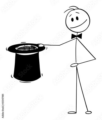 Vector cartoon stick figure drawing conceptual illustration of magician holding big black top hat ready to do some magic.
