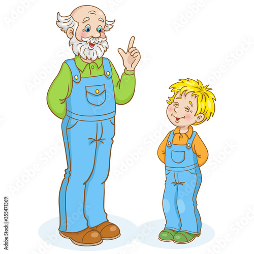 Grandfather and grandson have a fun talking. In cartoon style. Isolated on white background. Vector illustration.