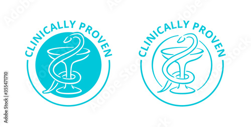 Clinically proven sticker for laboratory tested products - vector element with drawn medical symbol - Bowl of Hygieia (cup and snake)