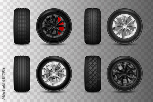 Tires set. Car tires with different tread marks. wheels for a car with brake discs.