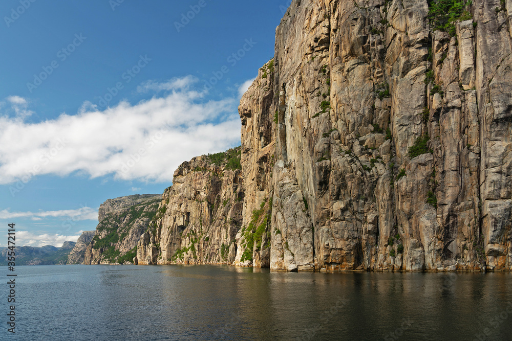 Rock coastal landscape, Lysefjord, Norway, sea mountain fjord view