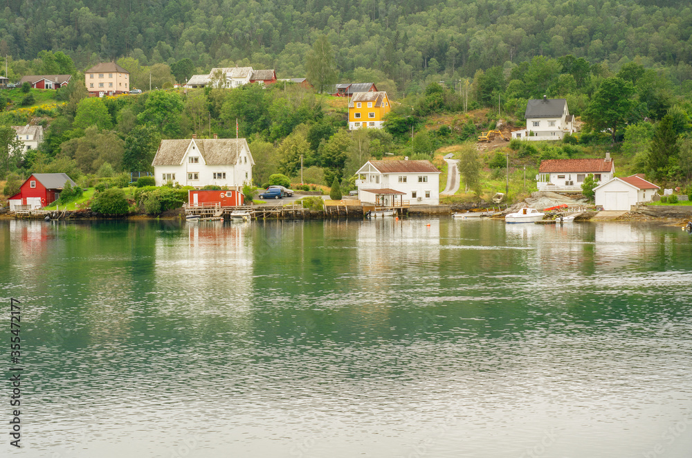 Rural houses coastal village view, Norway