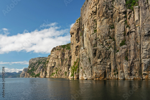 Rock coastal landscape, Lysefjord, Norway, sea mountain fjord view