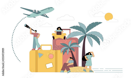 Flight delay, flight canceled, stuck on an island, shipwreck, lost, search for a way, foreign country. Flat vector illustration