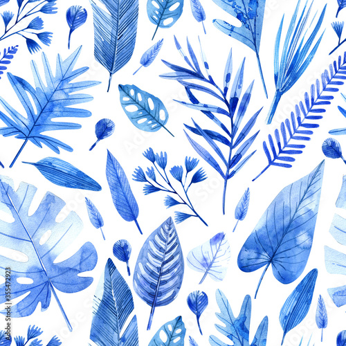 Fototapeta Watercolor seamless pattern with tropical leaves in blue colors. Hand-drawn watercolor tropical background.