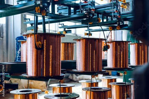 Fototapeta Production of copper wire, cable in reels at factory