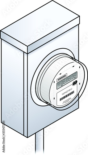 A smart / digital IoT household electricity / power meter with a 1-line LCD mounted on a steel junction box.