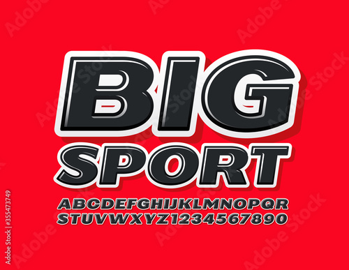 Vector modern poster Big Sport with Black Glossy Font. Decorative Alphabet Letters and Numbers