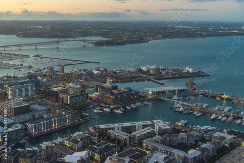 Sunset aerial view of waterfront of Auckland from Sky tower, New Zealand photo