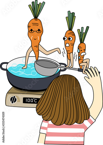 Cute carrot family is walking into boiled pan of the girl for cooking