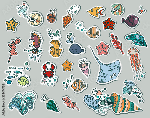 Ocean life stickers set. Sea animals collection.Design marine elements clip art.  Whale, fish, corals, stingray, jellyfish, cockleshell, 

snail, crab, seahorse, starfish, marine hand drawn icons pack