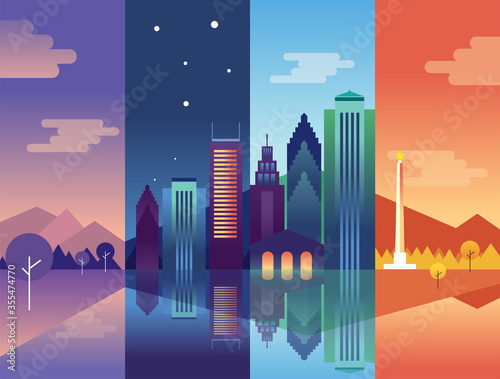 Daytime cityscape and night skyline landscape, town buildings in different time and urban cityscape. Vector Illustration.