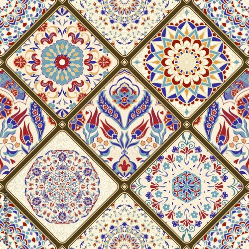 Seamless ceramic tile with colorful patchwork. Vintage multicolor pattern in turkish style. Hand drawn background. Islam, Arabic, Indian, ottoman motifs