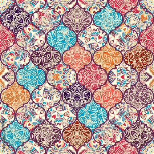 Seamless colorful patchwork in turkish style. Islam, Arabic, Indian, ottoman motifs. Endless pattern can be used for ceramic tile, wallpaper, linoleum, textile, web page background. Vector