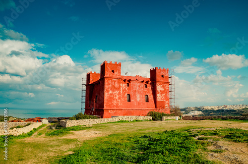 Red Agatha tower castle on Malta island, Europe. Architecture famous travel landmark. Maltese tourist destination.