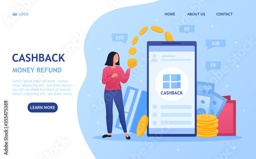 Cash Back concept for online credit card purchases with a young woman standing beside a mobile phone catching gold coins and a cash back app on the screen, colored vector illustration