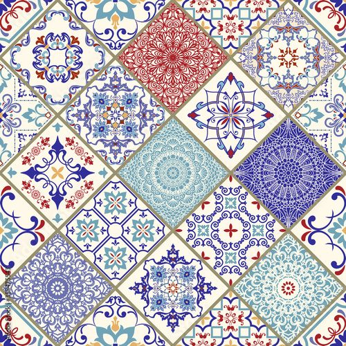 Seamless ceramic tile with colorful patchwork. Vintage multicolor pattern in turkish style. Endless pattern can be used for ceramic tile, wallpaper, linoleum, textile, web page background. Vector