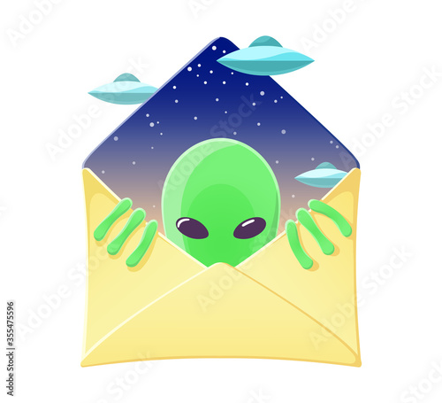 Envelope with funny alien and flying saucers inside. Cartoon humanoid character. Conspiracy and mysterious concept. Design for invitation or greeting card