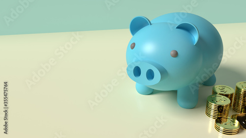blue Piggy bank and gold coins 3d rendering for business content..