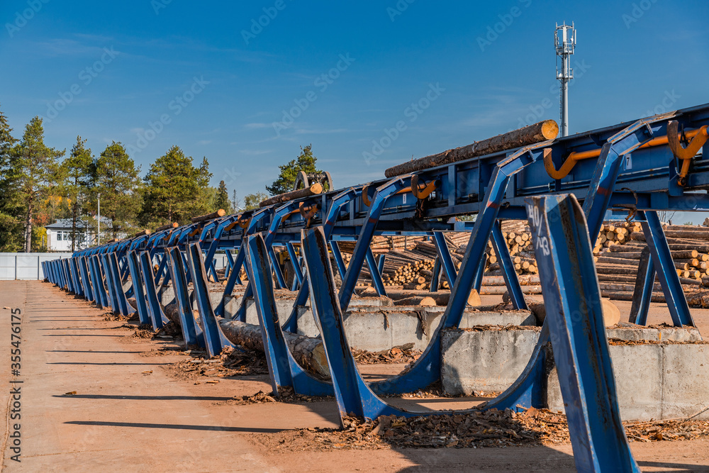 Automated log sorting line. Production of timber from wood. Woodworking. Machining logs. The logs in the sawmill are moving along a conveyor belt Automated log sorting line. Production of timber from wood. Woodworking. Machining logs. The logs in the sawmill are moving along a conveyor belt