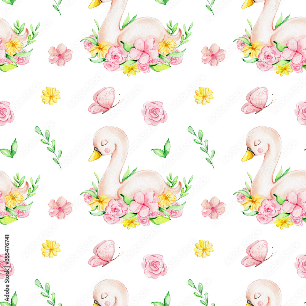 Fototapeta Seamless pattern swan, pink and yellow flowers, butterfly; watercolor hand draw illustration; can be used for card and invitation; with white isolated background