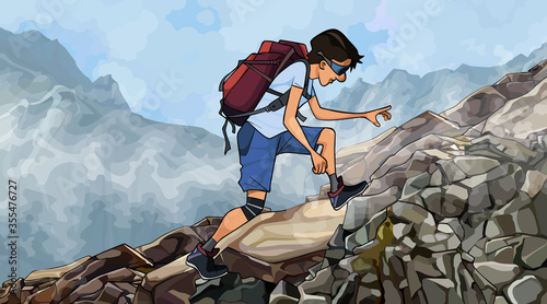 cartoon man with a backpack climbs a rocky slope in the fog