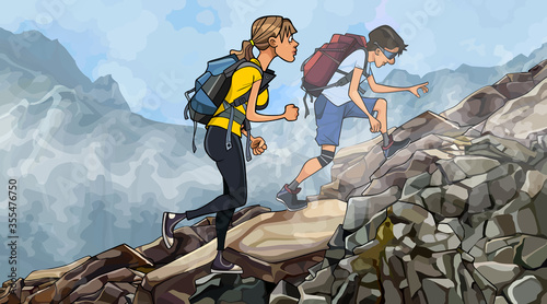 cartoon man with woman with backpacks climb a rocky slope in the fog