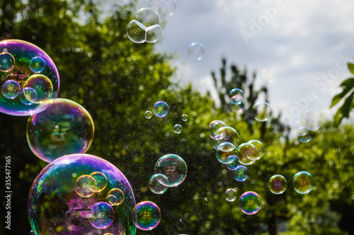 Connected soap bubbles close up