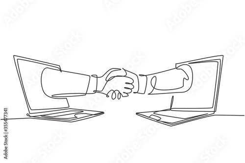 Slika na platnu Continuous line drawing of business men shaking hand to deal a project